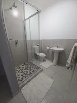 a bathroom with a shower and a toilet and a sink at Lime Court Three in Pretoria