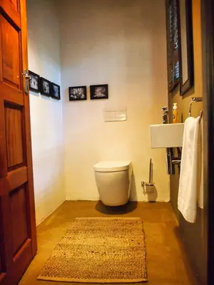 a bathroom with a toilet and a sink and a rug at Jabulani Bushhouse - Marlothpark in Marloth Park