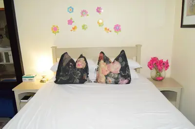 two pillows on a bed with flowers on the wall at Tengo guest house in Phalaborwa