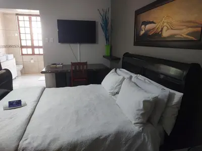 a bedroom with a bed with a television on the wall at Garrett B&B in Pretoria