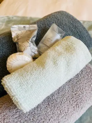 a white towel and some shells on a bed at East of East Guest Cottage in Avondzon