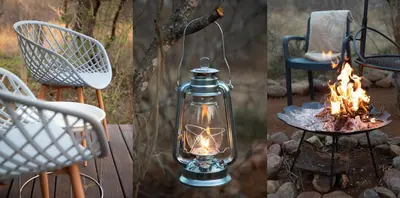 a fire pit with a lantern and a chair at Wildheart Safari - Lion's Den in Hoedspruit