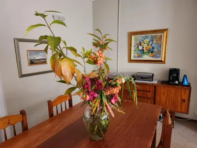 a vase of flowers sitting on a wooden table at Tree Aloe Guest House in Mokopane