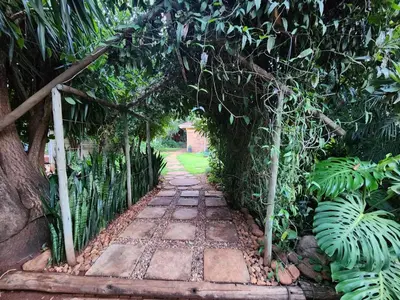 a garden with an archway with a stone path at Tree Aloe Guest House in Mokopane