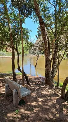 a park bench sitting next to a body of water at Waterfall Safari Lodge in Winterkamp