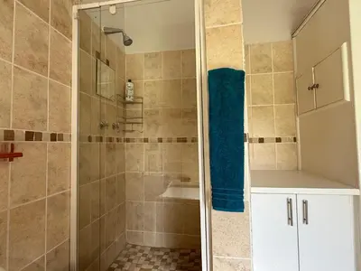 a bathroom with a shower and a sink at Echo Valley Guest Farm in Breyten
