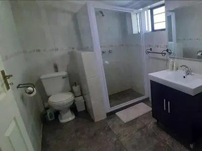 a bathroom with a toilet and a shower and a sink at Kings B&B in Lake Chrissie