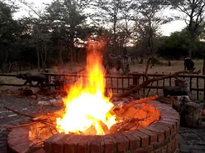 a fire pit with flames in front of a fence at Hornbill Private Lodge Mabalingwe in Mabula