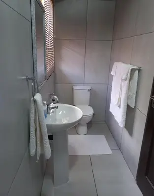 a white bathroom with a toilet and a sink at SnL Guesthouse at Visarend in Malelane