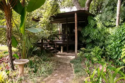 a garden with a table and a brick path at Crocodile Nest B&B in Nelspruit