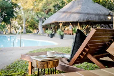 a wooden table with a coffee cup on it next to a pool at Sunbirds Oasis Lodge in Hoedspruit