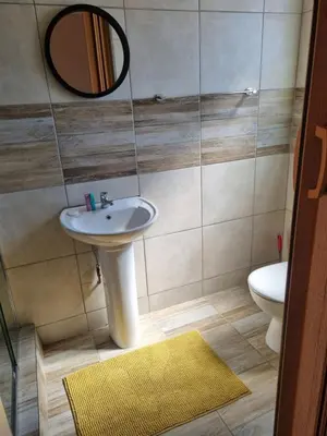 a bathroom with a sink and a mirror and a toilet at Ribeng la Noka Conference and Leisure Center in Ga-Ramokadi-kadi