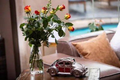 a vase with flowers and a toy car on a table at Pecanwood Lake View in Hartbeespoort