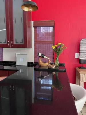 a red kitchen with a table with a vase of flowers at Pecanwood Lake View in Hartbeespoort