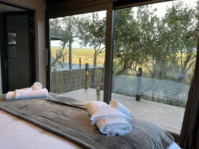a room with a bed with towels and a large window at Tadima Lodge Mabalingwe in Mabula