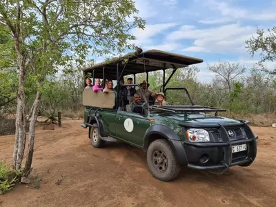 a group of people riding in a green jeep at The Wild Olive Tree Camp in Manyeleti Game Reserve