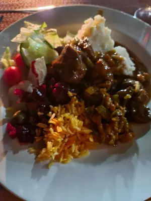 a plate of food with rice and meat and vegetables at The Wild Olive Tree Camp in Manyeleti Game Reserve