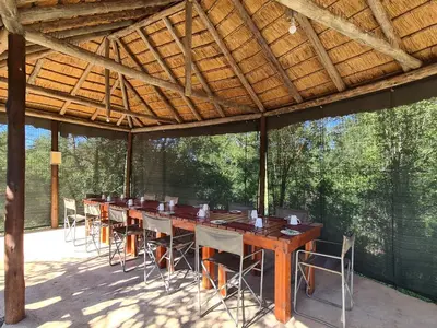 a group of tables and chairs under a wooden roof at The Wild Olive Tree Camp in Manyeleti Game Reserve
