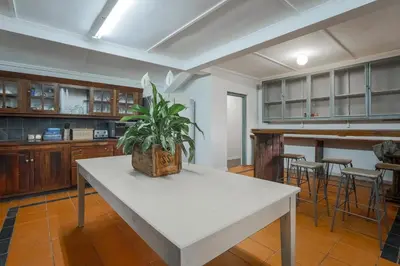 a kitchen with a table with a potted plant on it at The Stone House in Die Winkler