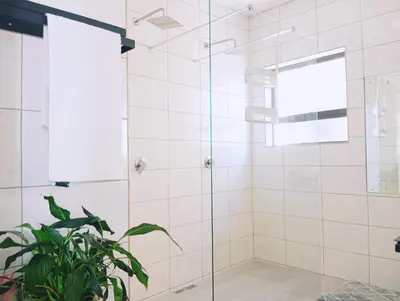a shower with a glass door next to a potted plant at Mills Pad with 2-bedroom in Nelspruit