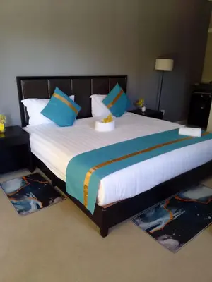 a bedroom with a large bed with blue pillows at Palm View Midrand Guest House in Midrand