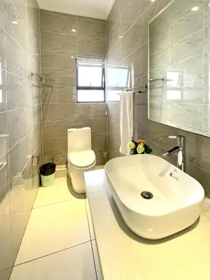 a white bathroom with a sink and a toilet at Palm View Midrand Guest House in Midrand