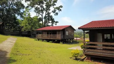 a small cabin with a red roof on a grass field at Jock-Sabie Lodge in Sabie