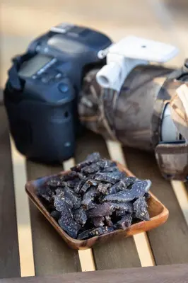 a plate of food on a table next to a camera at Larima Bush Retreat in Hoedspruit