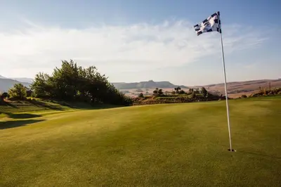 a golf course with a flag on the green at The Big Easy Rest at Highland Gate Golf & Trout in Dullstroom