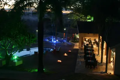 a view of a restaurant at night with lights at Destiny Lodge in White River