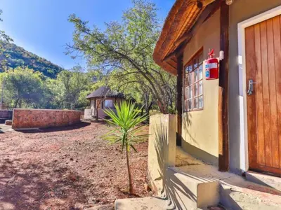 a house with a palm tree next to a building at Thuto Centre Conferencing & Bush Lodge in Bela-Bela