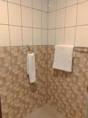 a bathroom with white towels hanging on a tiled wall at Makobaneng Guesthouse in Ga-Raphokola