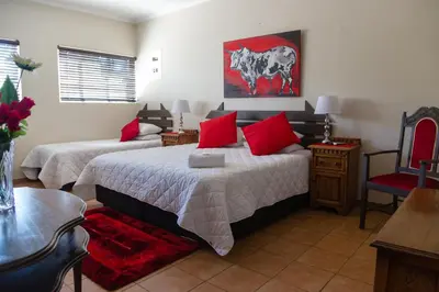 a bedroom with two beds with red pillows at Tzaneen Arborpark Lodge in Tzaneen