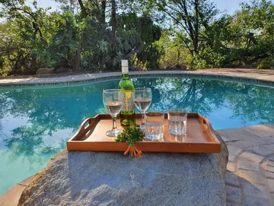 a tray with a bottle of wine and glasses next to a swimming pool at Masorini Bush Lodge & Safari Tents in Phalaborwa