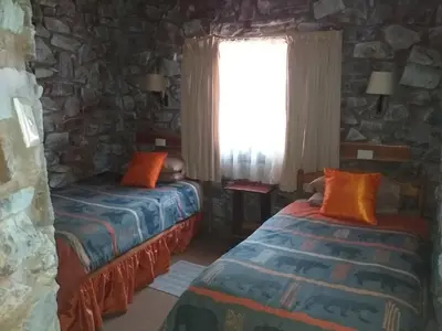 two beds in a room with a stone wall at The Shoe Guest House in Draasloot