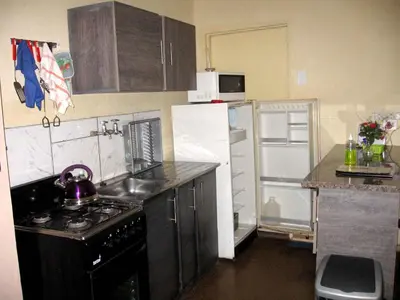 a small kitchen with a stove and a refrigerator at The Shoe Guest House in Draasloot