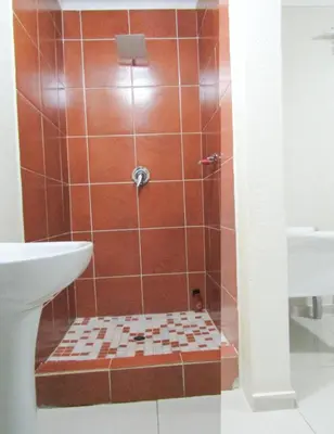 a bathroom with a shower with red tile at Khaya Guesthouse in Soshanguve