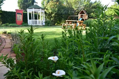 a garden with a playground and a gazebo at Villa Moria Memoir Cottage in Dullstroom