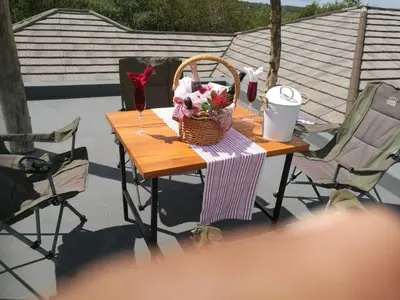 a picnic table with a basket of flowers on a patio at Oasis in the Wild @Marloth in Marloth Park