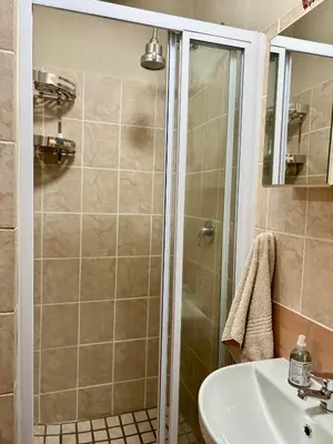 a bathroom with a shower and a sink at Fig Tree Rock 2-bed, 2-bath villa with garden and parking in Nelspruit