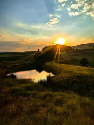 a sunset in a field with a small pond at Uitvlugt Ponds in Dullstroom