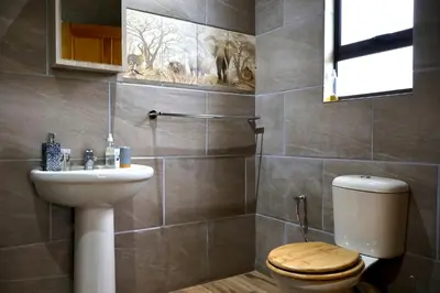 a bathroom with a toilet and a sink at Uitvlugt Ponds in Dullstroom