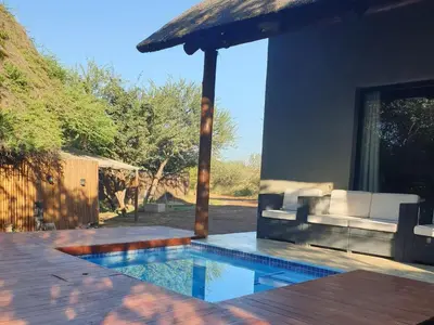 a swimming pool with a couch and an umbrella at Kanimambo Chalet in Marloth Park