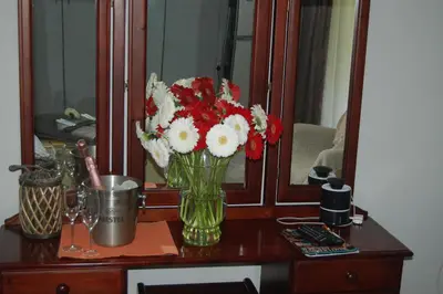 a vase of flowers on a table in front of a mirror at Nita's Air Bed & Breakfast & self catering in Crocodile Valley Estates