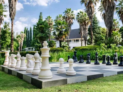 a giant chessboard in a park with palm trees at Gracia de Dios in Benoni