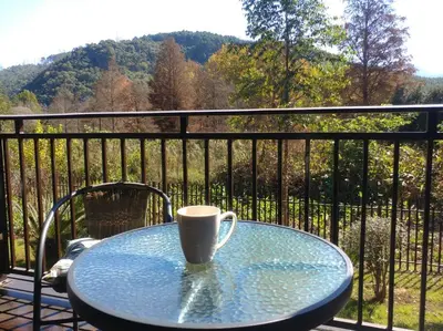 a coffee cup sitting on a glass table on a balcony at Ebeneezer Self-Catering Guesthouse in the Lowveld in Sabie
