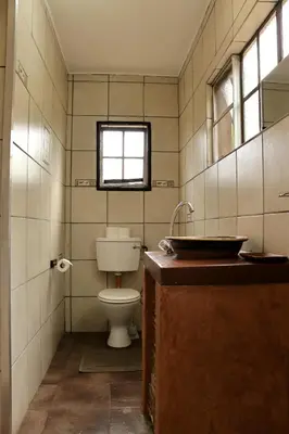 a bathroom with a toilet and a sink and a window at iMbamuweti Cottage in Grietjie Nature Reserve