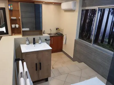 a bathroom with a sink and a large window at Bikkurim Inn in Nelspruit