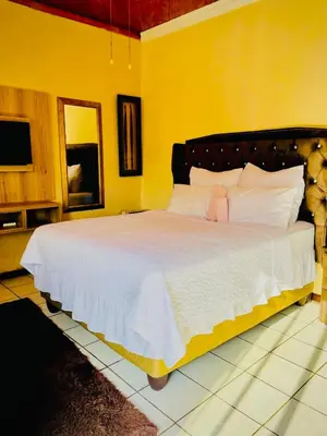 a bedroom with a large bed in a yellow room at Mighty7 Bed and Breakfast Guesthouse in Pretoria