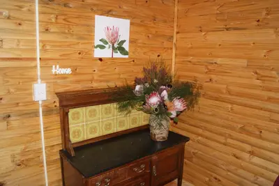 a vase of flowers on a table in a room at Fern Cottage in Louis Trichardt
